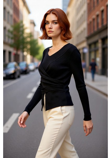Kadın Fitted V Yaka Drape Detaylı Triko Kazak Ilkbahar Sonbahar Günlük Şıklık Için Ideal Seçim