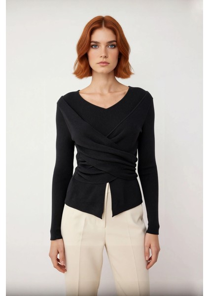 Kadın Fitted V Yaka Drape Detaylı Triko Kazak Ilkbahar Sonbahar Günlük Şıklık Için Ideal Seçim fiyatları