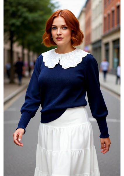Kadın Lacivert Dantel Yaka Triko Kazak Uzun Kollu Regular Kalıp Kış Kombinlerinin Şık Seçimi