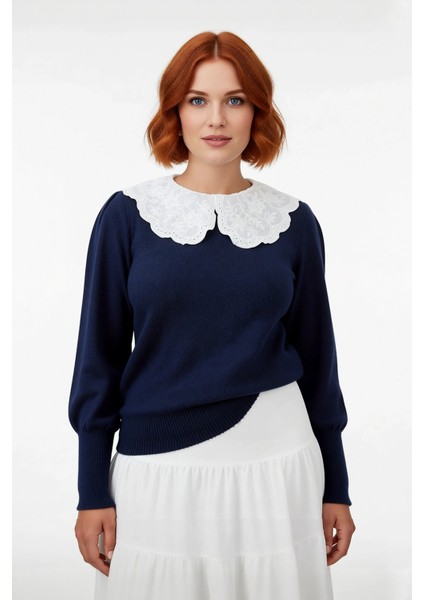 Kadın Lacivert Dantel Yaka Triko Kazak Uzun Kollu Regular Kalıp Kış Kombinlerinin Şık Seçimi fiyatları