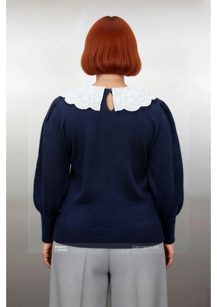 Kadın Lacivert Dantel Yaka Triko Kazak Uzun Kollu Regular Kalıp Kış Kombinlerinin Şık Seçimi fırsatları