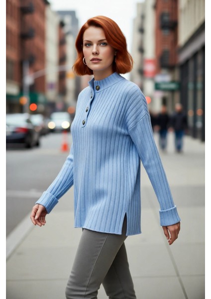 Kadın Ekru Relaxed Fit Düğmeli Yaka Düşük Kol Triko Kazak Kış Günleri Için Ideal Şıklık Kaliteli