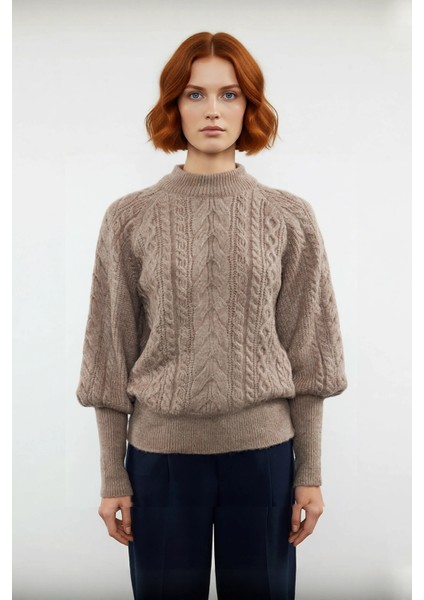 Kadın Regular Kalıp Saç Örgü Desen Dik Yaka Balon Kol Triko Kazak Günlük Şıklık Sunar Kışa Özel fiyatları