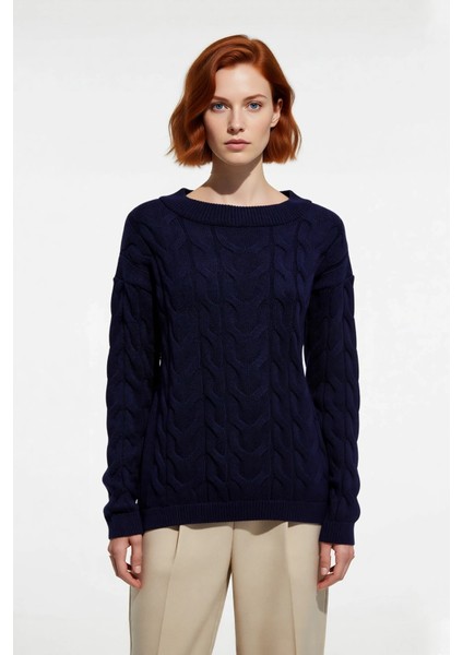 Kadınlara Özel Saç Örgü Desenli %100 Akrilik Triko Kazak Kayık Yaka Uzun Kol Regular Kalıp Günlük fiyatları