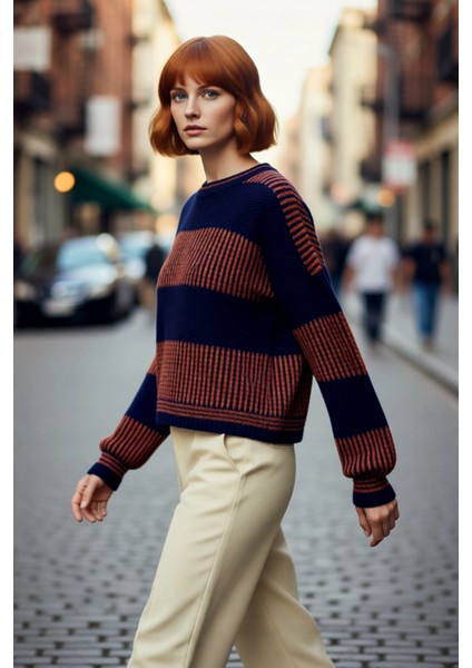 Kadın Oversize Bisiklet Yaka Renk Bloklu Uzun Kollu Pike Triko Kazak Kış Günleri Için Ideal Bir