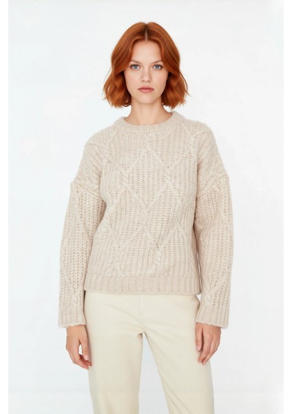 Kadın Oversize Saç Örgü Detaylı Kalın Triko Kazak Kışlık Rahat Bisiklet Yaka Standart Kol Kaliteli fiyatları