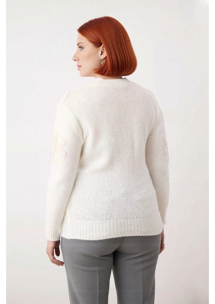 Kadın Ekru Regular Kalıp Çiçekli Desen Bisiklet Yaka Düşük Kol Triko Kazak Kış Şıklığı Kaliteli fırsatları