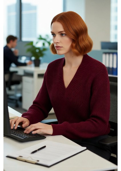 Kadın Akrilik Ajurlu V Yaka Triko Kazak Rahat Regular Kalıp Düşük Kol Kış Günlük Şıklık Sunar. modelleri