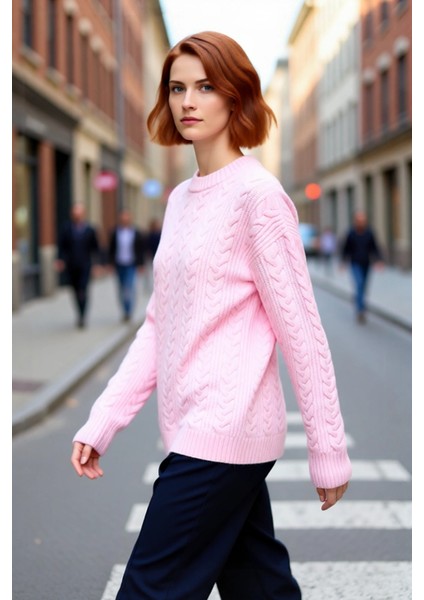 Kadın Oversize Kalın Saç Örgü Desenli Bisiklet Yaka Düşük Kol Uzun Boy Triko Kazak Kışlık Kaliteli