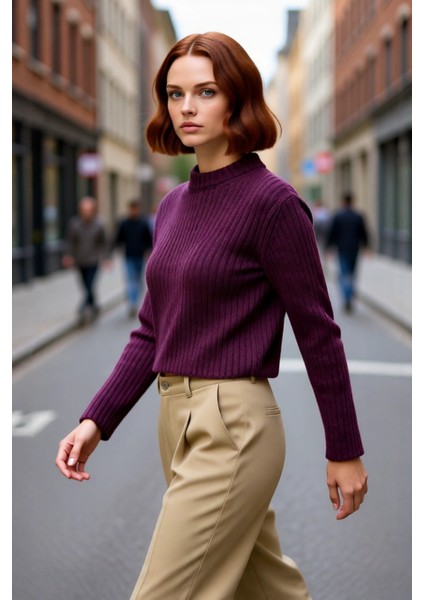 Kadın Regular Fit Crop Fitilli Bisiklet Yaka Uzun Kollu Orta Kalın Triko Kazak Kışlık Kombinlerin
