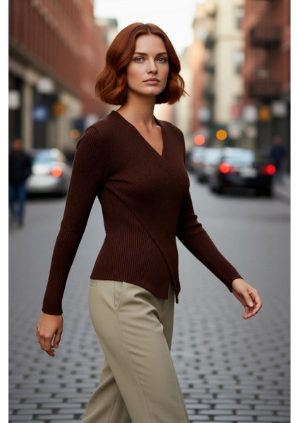 Kadın Fitted Kruvaze Yaka Uzun Kollu Akrilik Triko Kazak Ilkbahar Sonbahar Günlük Şık Kombinler Için