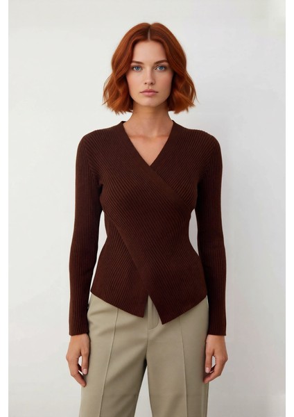 Kadın Fitted Kruvaze Yaka Uzun Kollu Akrilik Triko Kazak Ilkbahar Sonbahar Günlük Şık Kombinler Için fiyatları