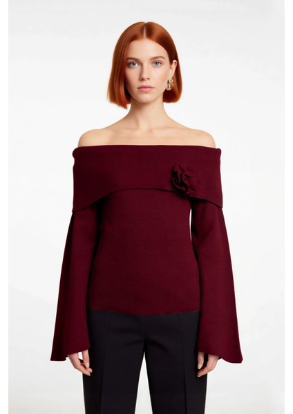 Kadın Gül Detaylı Carmen Yaka Triko Kazak Modern Şık Regular Kalıp Çan Kol Rahat Kullanım Kaliteli fiyatları