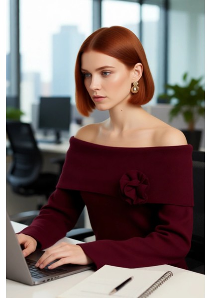 Kadın Gül Detaylı Carmen Yaka Triko Kazak Modern Şık Regular Kalıp Çan Kol Rahat Kullanım Kaliteli modelleri