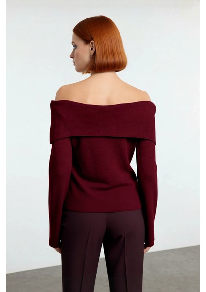 Kadın Gül Detaylı Carmen Yaka Triko Kazak Modern Şık Regular Kalıp Çan Kol Rahat Kullanım Kaliteli fırsatları