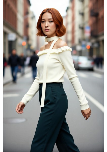 Kadın Carmen Yaka Fitted Basic Akrilik Triko Uzun Kol Bluz Güllü Atkı Aksesuarlı Şık ve Modern Stil