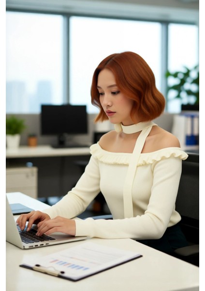 Kadın Carmen Yaka Fitted Basic Akrilik Triko Uzun Kol Bluz Güllü Atkı Aksesuarlı Şık ve Modern Stil modelleri