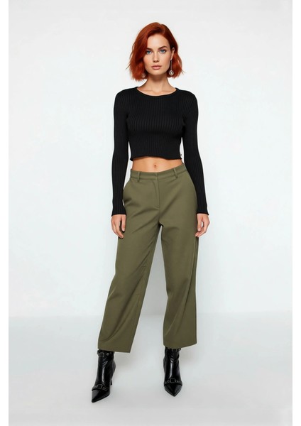 Kadın Fitted Super Crop Bisiklet Yaka Uzun Kollu Fitilli Triko Bluz Yan Detaylı Ilkbahar Sonbahar fiyatları