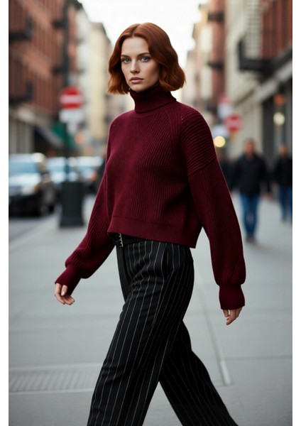 Kadın Oversize Fitilli Bordo Balıkçı Yaka Uzun Reglan Kollu Crop Akrilik Triko Kazak Kaliteli