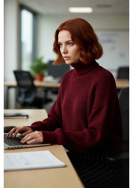 Kadın Oversize Fitilli Bordo Balıkçı Yaka Uzun Reglan Kollu Crop Akrilik Triko Kazak Kaliteli modelleri