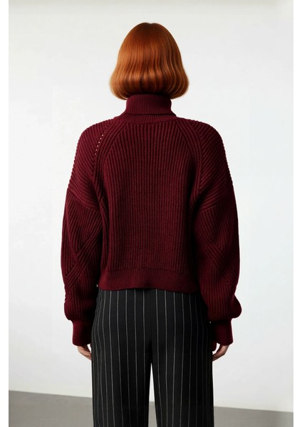 Kadın Oversize Fitilli Bordo Balıkçı Yaka Uzun Reglan Kollu Crop Akrilik Triko Kazak Kaliteli fırsatları