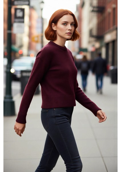 Kadın Oversize Crop Düşük Kol Bisiklet Yaka Düz Triko Kazak Kışlık Günlük Şıklık Için Konforlu Bir