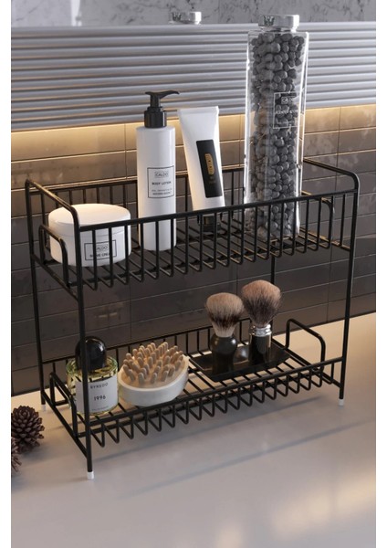 Tezgah Üstü Raf 2 Katlı Siyah Metal Banyo Mutfak Sepet Baharatlık Düzenleyici