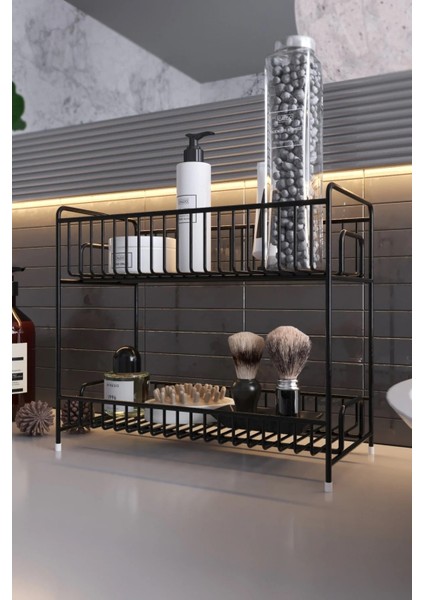 Tezgah Üstü Raf 2 Katlı Siyah Metal Banyo Mutfak Sepet Baharatlık Düzenleyici fırsatları