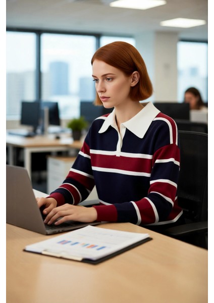 Kadın Oversize Polo Yaka Triko Kazak Renk Bloklu Düşük Kol Rahat Gündelik Kışlık Şıklık Sunar modelleri