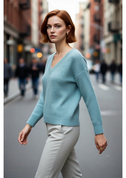 Kadın Oversize Triko Düz V Yaka Kışlık Düşük Kol Rahat Alpaka Karışımlı Kazak Kaliteli Şık