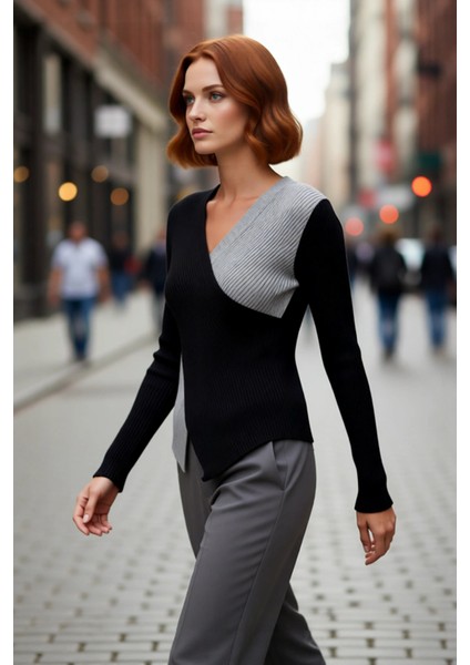 Kadın Fitted Kruvaze Yaka Uzun Kollu Akrilik Triko Kazak Ilkbahar Sonbahar Günlük Şık Kombinler Için
