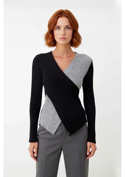 Kadın Fitted Kruvaze Yaka Uzun Kollu Akrilik Triko Kazak Ilkbahar Sonbahar Günlük Şık Kombinler Için fiyatları