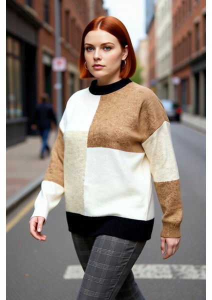 Kadın Relaxed Kesim Renk Bloklu Bisiklet Yaka Uzun Kollu Triko Kazak Kışlık Günlük Şıklık Kaliteli
