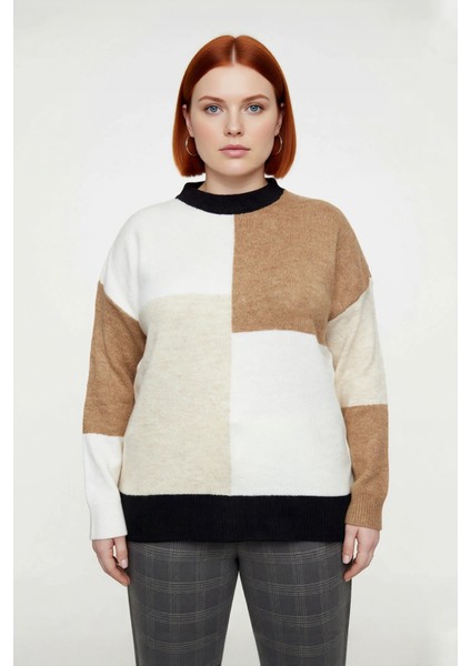 Kadın Relaxed Kesim Renk Bloklu Bisiklet Yaka Uzun Kollu Triko Kazak Kışlık Günlük Şıklık Kaliteli fiyatları