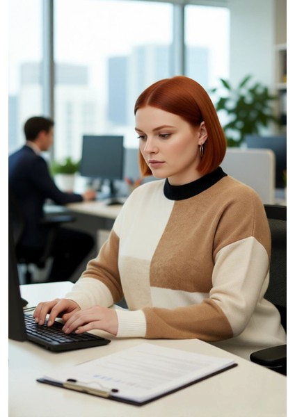 Kadın Relaxed Kesim Renk Bloklu Bisiklet Yaka Uzun Kollu Triko Kazak Kışlık Günlük Şıklık Kaliteli modelleri