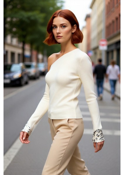 Kadın Asimetrik Yaka Düşük Kol Uzun Kollu Payetli Detaylı Triko Kazak Ilkbahar Sonbahar Şıklığı