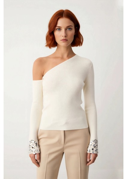 Kadın Asimetrik Yaka Düşük Kol Uzun Kollu Payetli Detaylı Triko Kazak Ilkbahar Sonbahar Şıklığı fiyatları