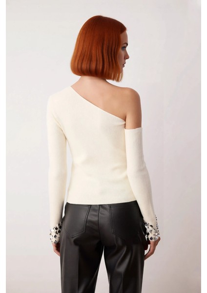 Kadın Asimetrik Yaka Düşük Kol Uzun Kollu Payetli Detaylı Triko Kazak Ilkbahar Sonbahar Şıklığı fırsatları