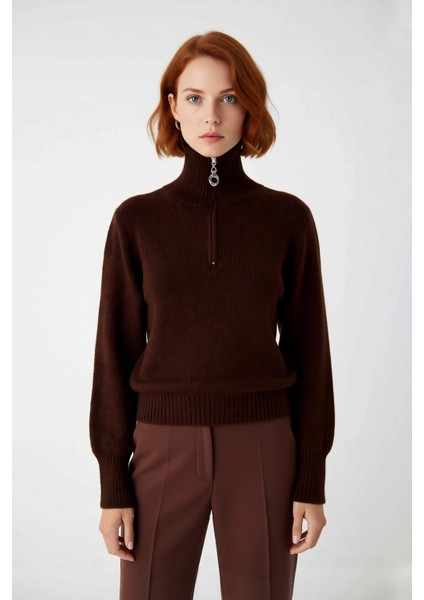 Kadın Fermuarlı Dik Yaka Regular Kalıp Selanik Dokuma Triko Kazak ile Kış Şıklığını Yakalayın fiyatları