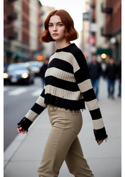 Kadın Oversize Bisiklet Yaka Çizgili Crop Akrilik Triko Kazak Akıtma Detaylı Rahat Şıklık Kaliteli