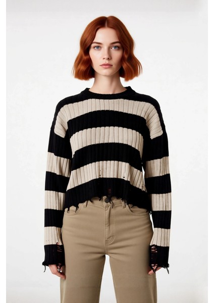 Kadın Oversize Bisiklet Yaka Çizgili Crop Akrilik Triko Kazak Akıtma Detaylı Rahat Şıklık Kaliteli fiyatları