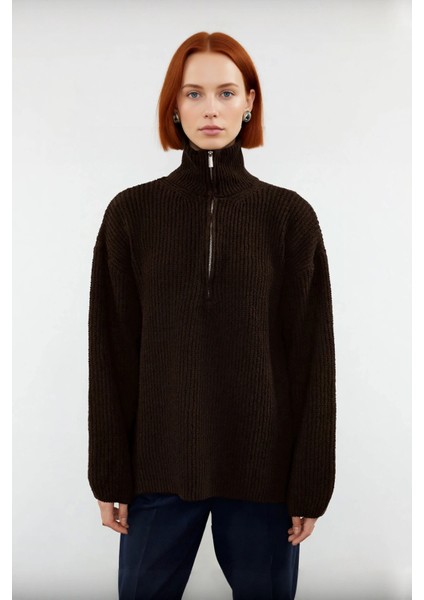 Kadın Dik Yaka Fermuarlı Regular Kalıp Düşük Kol Selanik Örgü Uzun Triko Kazak Soğuk Günler Için fiyatları