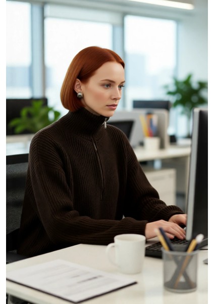 Kadın Dik Yaka Fermuarlı Regular Kalıp Düşük Kol Selanik Örgü Uzun Triko Kazak Soğuk Günler Için modelleri