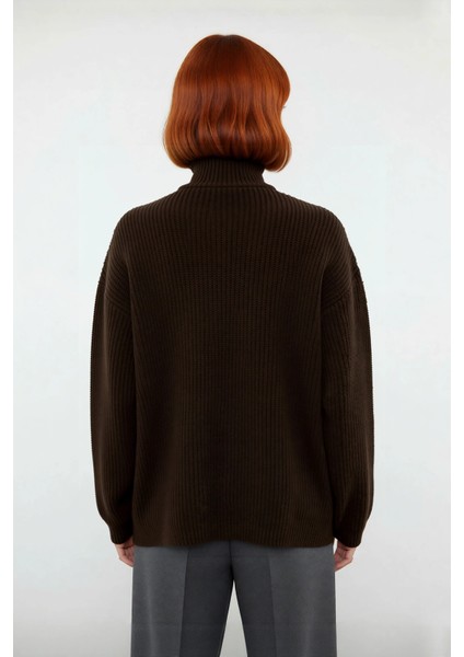 Kadın Dik Yaka Fermuarlı Regular Kalıp Düşük Kol Selanik Örgü Uzun Triko Kazak Soğuk Günler Için fırsatları