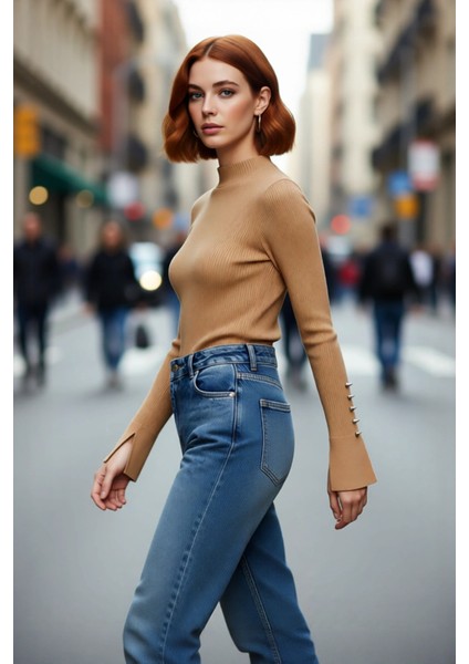 Kadın Fitted Dik Yaka Uzun Kollu Fitilli Dokuma Triko Kazak Casual Basic Şıklık Sunar Kaliteli