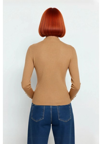 Kadın Fitted Dik Yaka Uzun Kollu Fitilli Dokuma Triko Kazak Casual Basic Şıklık Sunar Kaliteli fırsatları