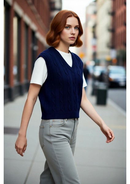 Genç Kadın Regular Kalıp Crop V Yaka Saç Örgü Kolsuz Triko Süveter Ilkbahar Sonbahar Kombini