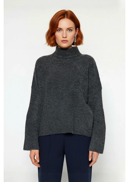 Kadın Gri Oversize Dik Yaka Akrilik Selanik Dokuma Uzun Kollu Basic Triko Kazak Kaliteli Şık fiyatları