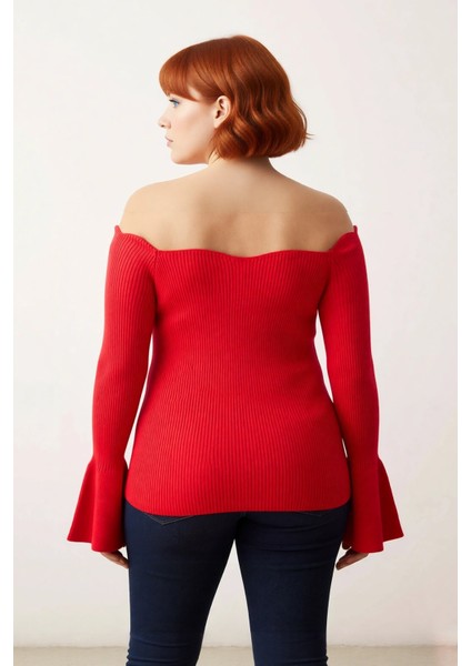 Kadın Şık Fitted Carmen Yaka Fitilli Triko Kazak Düz Desen Uzun Reglan Kol Bodycone Siluet fırsatları