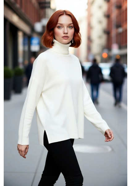 Kadın Oversize Balıkçı Yaka Düşük Kol Akrilik Triko Kazak Kış Sezonu Için Uzun Basic Model